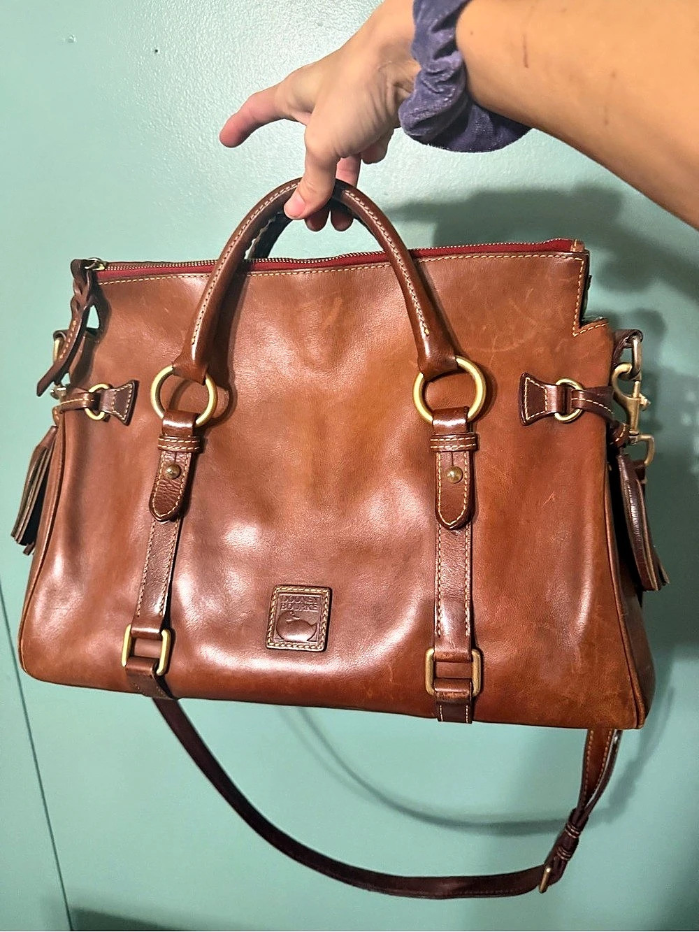 Dooney & Bourke Florentine Double Strap Tassel Satchel Leather Brown